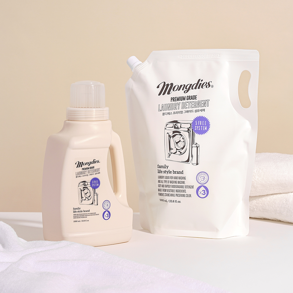 1+1 몽디에스 아기 유아 신생아 3배 고농축 천연 무향 중성 섬유 세탁세제 1000ml (본품1+리필1) 제품 이미지