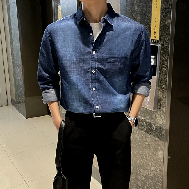남자 타파니 원포켓 봄 가을 데님 셔츠 남방 빅사이즈 - 상세 이미지 4