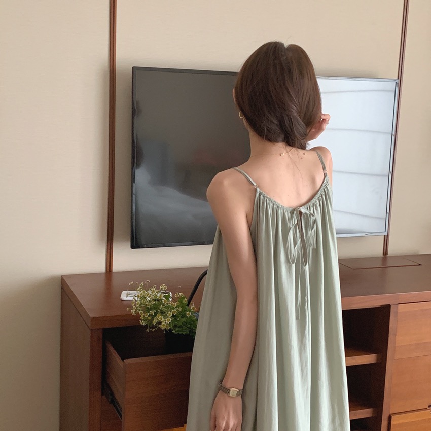 리아 뒷리본 민소매 나시 뷔스티에 셔링 캉캉 휴양지 A라인 맥시 롱 원피스(3color) 이미지 3