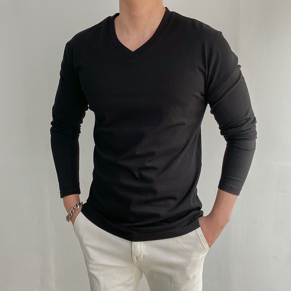 흰티 머슬핏긴팔 싱글V넥 이미지 2