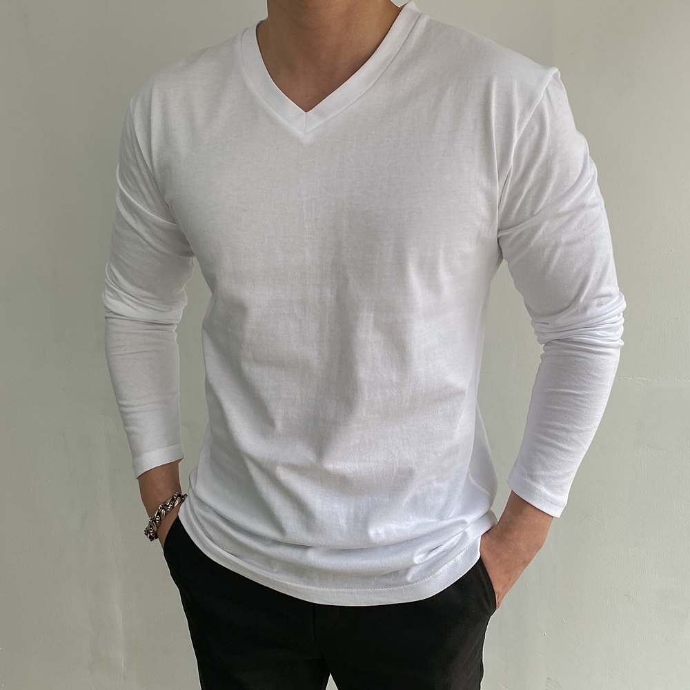 흰티 머슬핏긴팔 싱글V넥 이미지 3