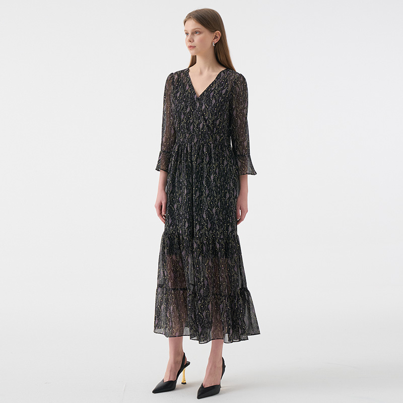VANESSA  Vneck Flower Chiffon Tiered Dress_Black 이미지 3