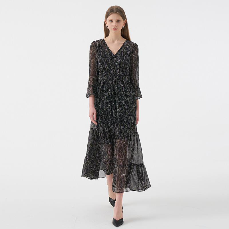 VANESSA  Vneck Flower Chiffon Tiered Dress_Black 이미지 2