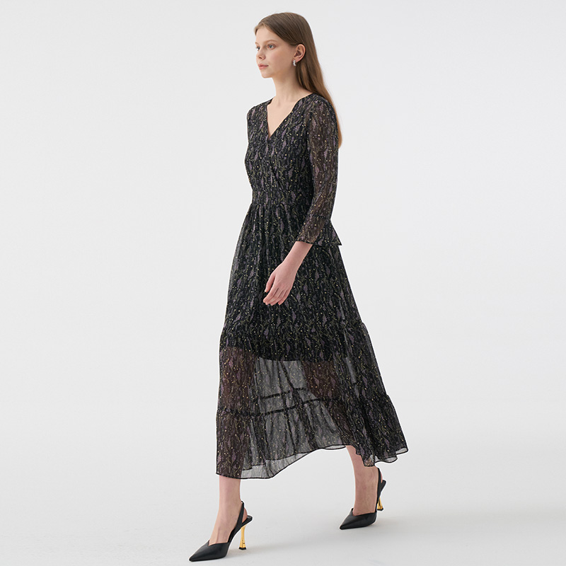 VANESSA  Vneck Flower Chiffon Tiered Dress_Black 이미지 4