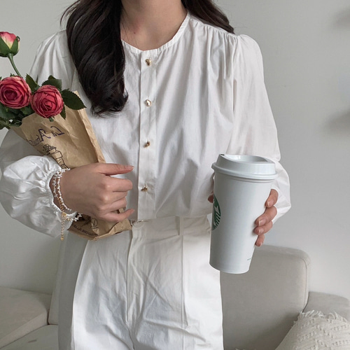 블루 스트라이프셔츠 노카라 스트라이프 블라우스 라운드블라우스 이미지 3