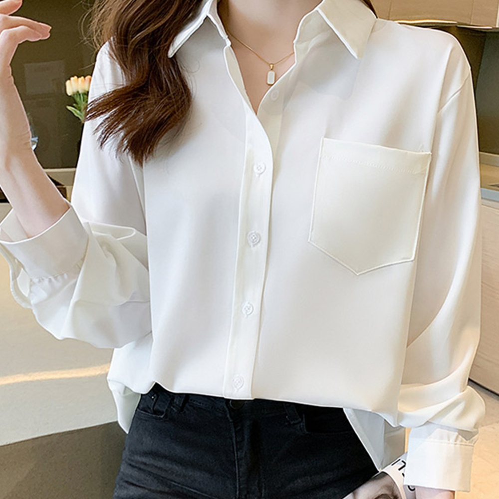 면접블라우스 셔츠형 오픈카라 블랙 긴팔 심플 정장 - 상세 이미지 5