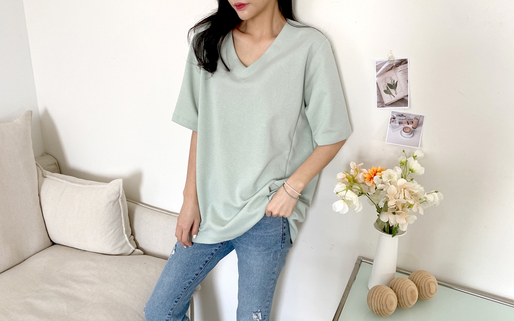 언발 절개 뒷트임 빅사이즈 루즈핏 반팔 티셔츠 이미지 2