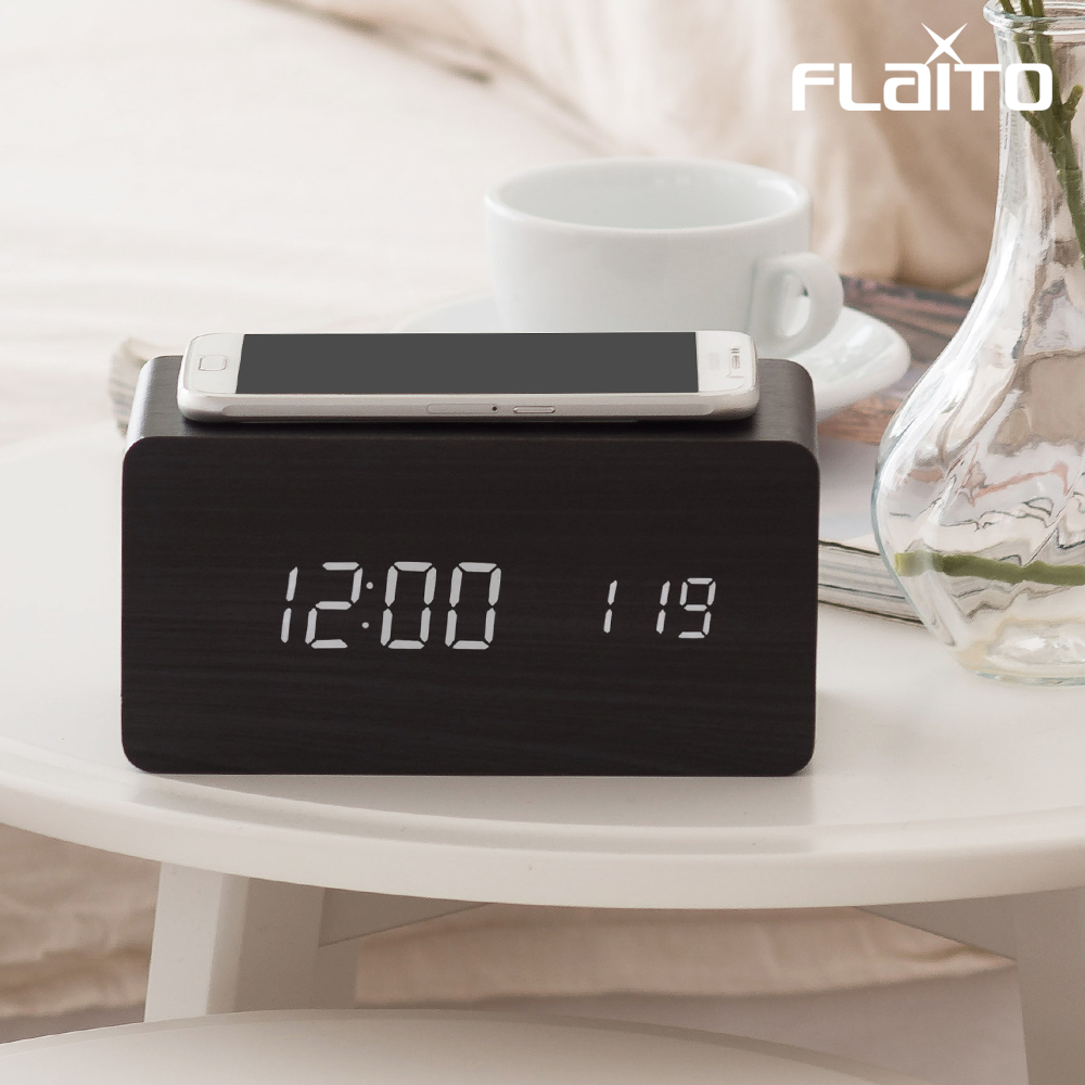 플라이토 우드 3in1 무선충전 블루투스 스피커 디지털 LED 탁상 시계