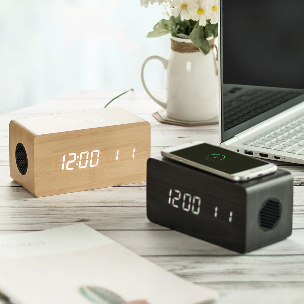 플라이토 우드 3in1 무선충전 블루투스 스피커 디지털 LED 탁상 시계