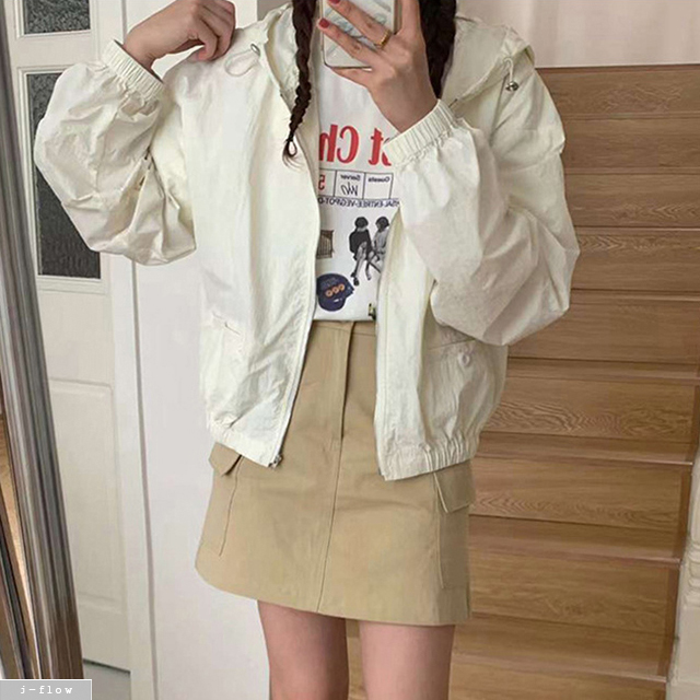 젤라 후드 크롭 바람막이 집업 점퍼 5col 봄 여름 루즈핏 밴딩 바스락 스트링 제이플로우 - 상세 이미지 2