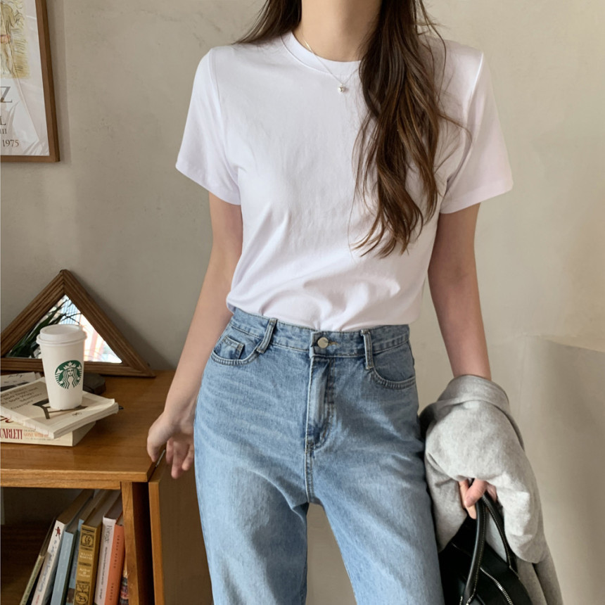 쫀득 면 스판 여성 티셔츠 라운드 레이어드 이너 티셔츠 기본 여자흰티 여름 여자 반팔티