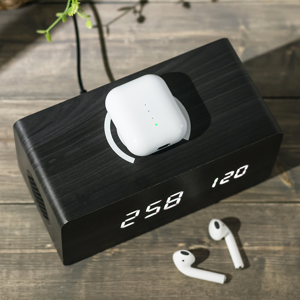 플라이토 우드 3in1 무선충전 블루투스 스피커 디지털 LED 탁상 시계