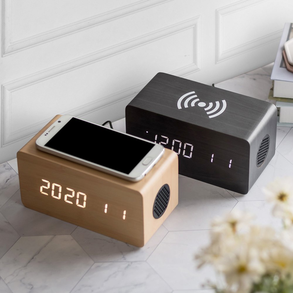 플라이토 우드 3in1 무선충전 블루투스 스피커 디지털 LED 탁상 시계