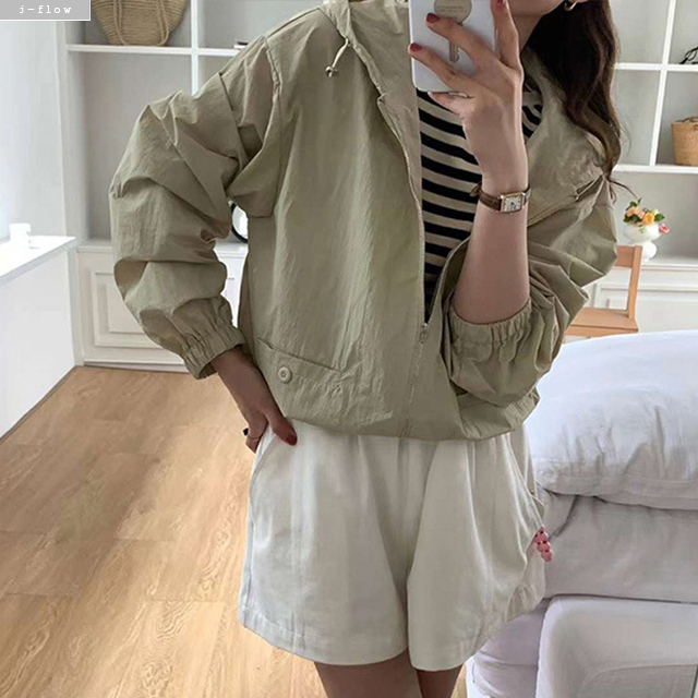 젤라 후드 크롭 바람막이 집업 점퍼 5col 봄 여름 루즈핏 밴딩 바스락 스트링 제이플로우 - 상품 이미지