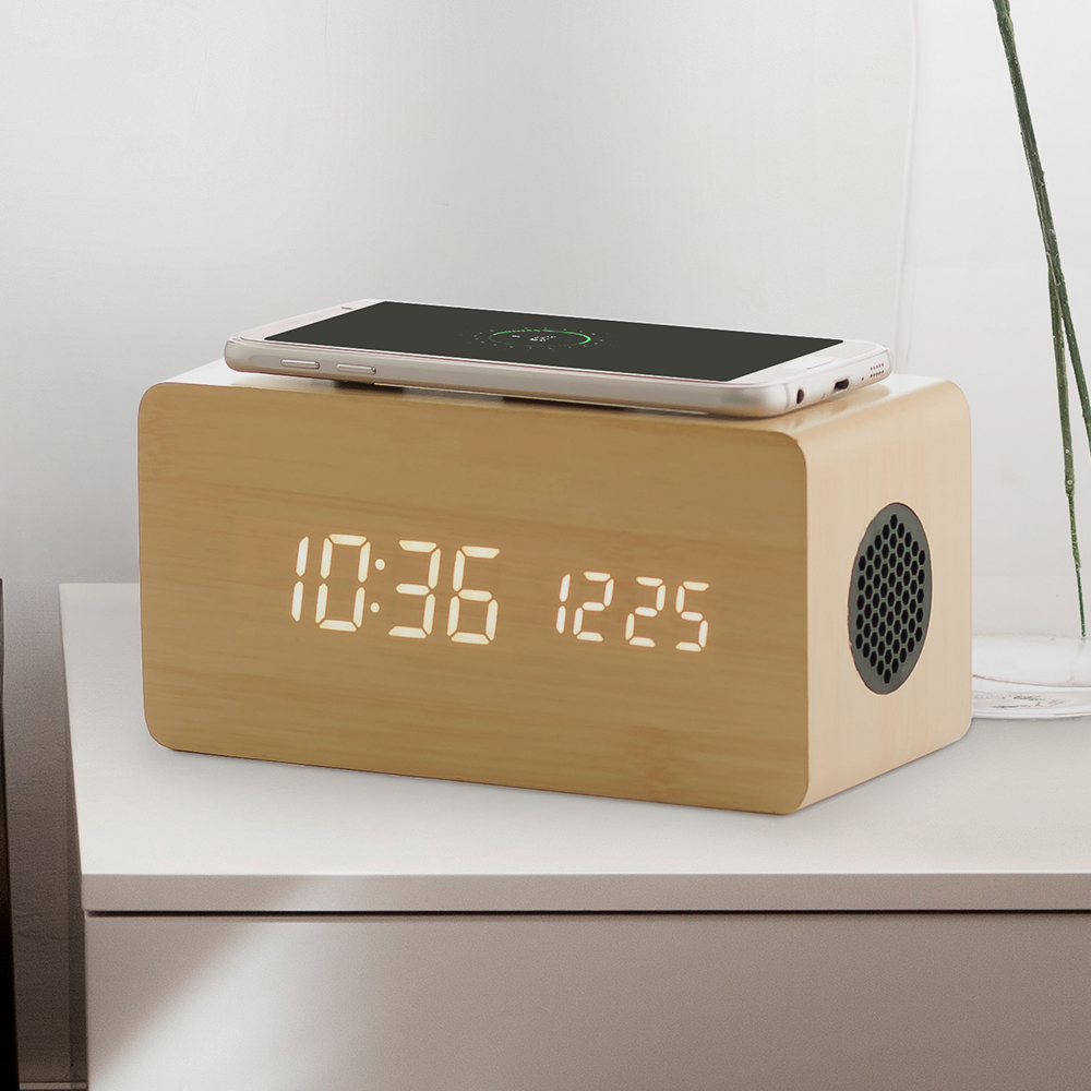 플라이토 우드 3in1 무선충전 블루투스 스피커 디지털 LED 탁상 시계