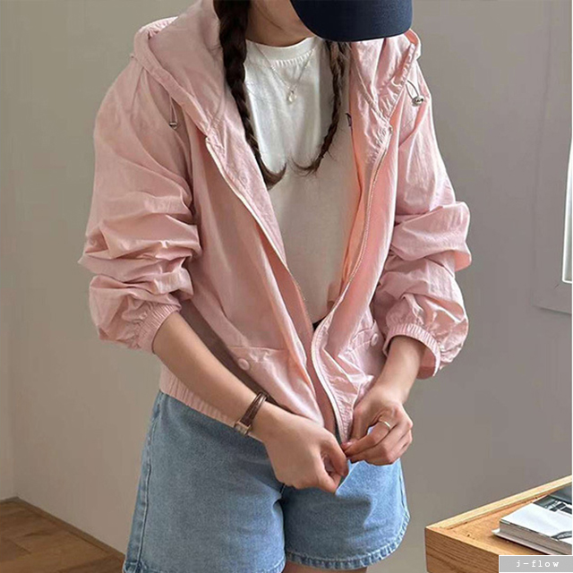 젤라 후드 크롭 바람막이 집업 점퍼 5col 봄 여름 루즈핏 밴딩 바스락 스트링 제이플로우 - 상세 이미지 3