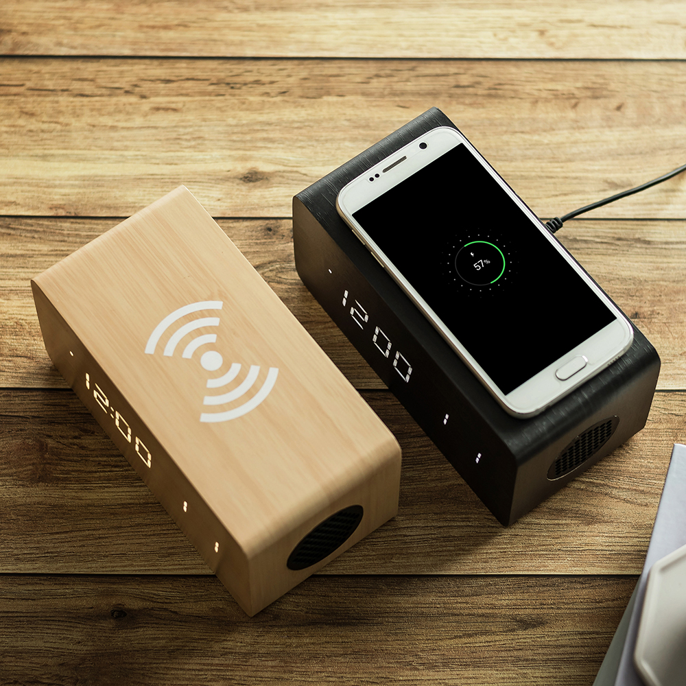 플라이토 우드 3in1 무선충전 블루투스 스피커 디지털 LED 탁상 시계