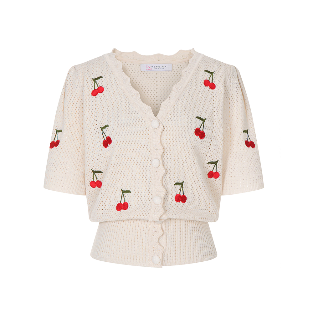 예시카 체리 크로쉐 웨이브 넥 반소매 니트 가디건 YH3KC963