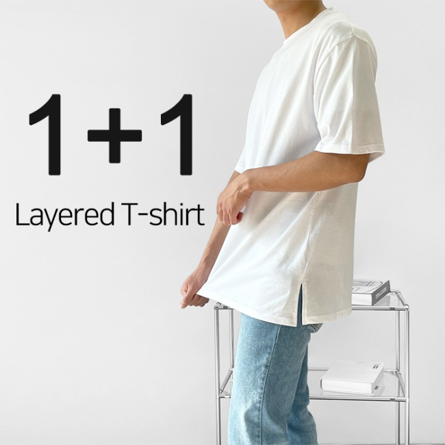 1+1 남자 오버핏 향균 레이어드 반팔티 화이트 블랙 그레이 - 상품 이미지