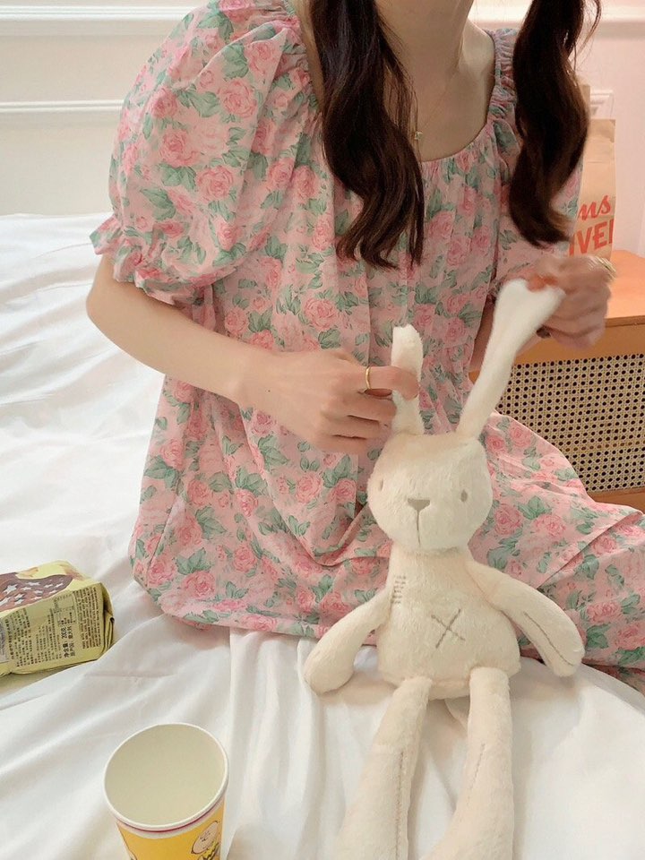 (어반플라워잠옷세트) 반팔긴바지파자마세트 여름홈웨어 프릴파자마 빅사이즈 린넨 상세 이미지 4
