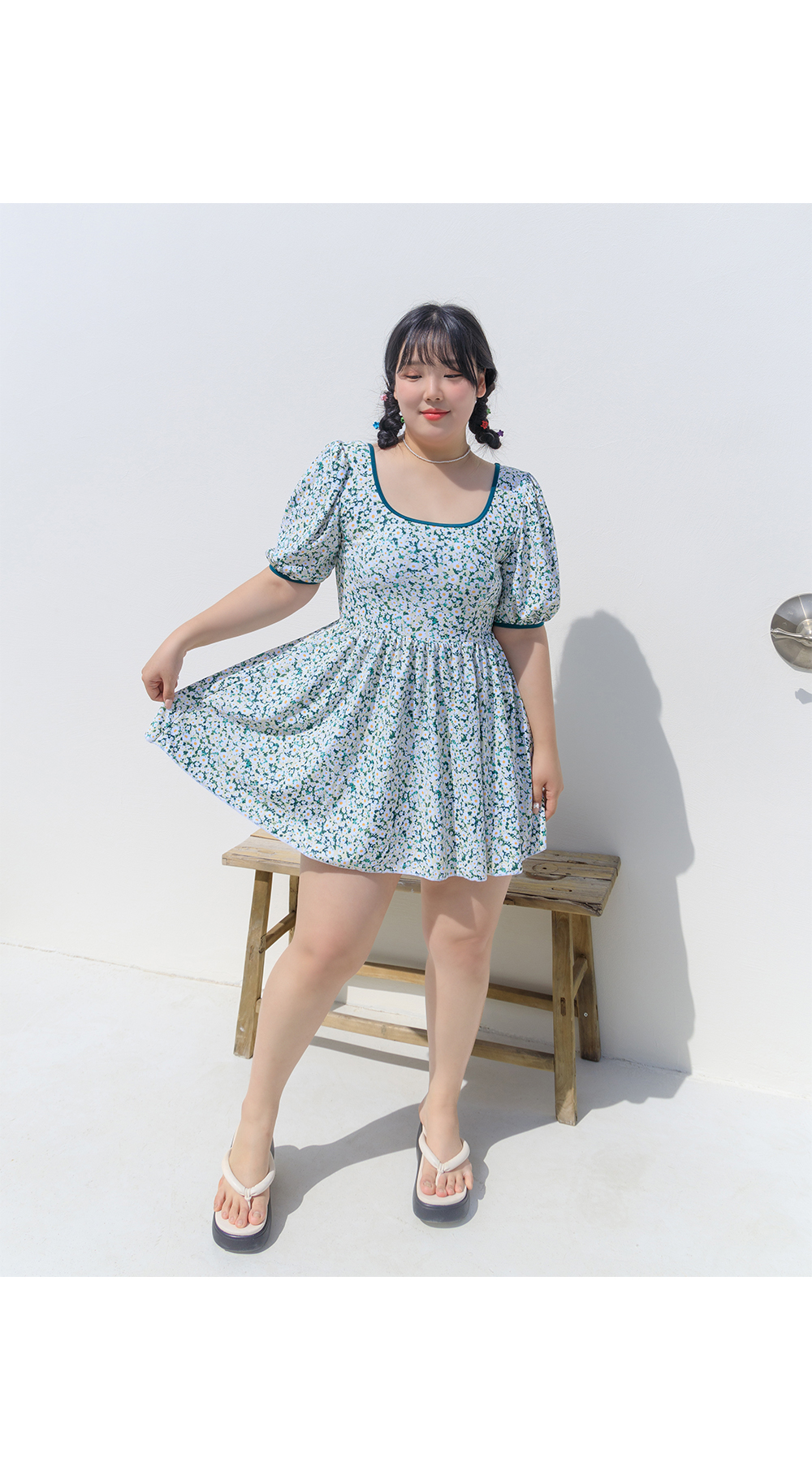 빅사이즈 XL-5XL 올데즈 플라워 스퀘어 퍼프 원피스 수영복 휴양지 룩 상세 이미지 19