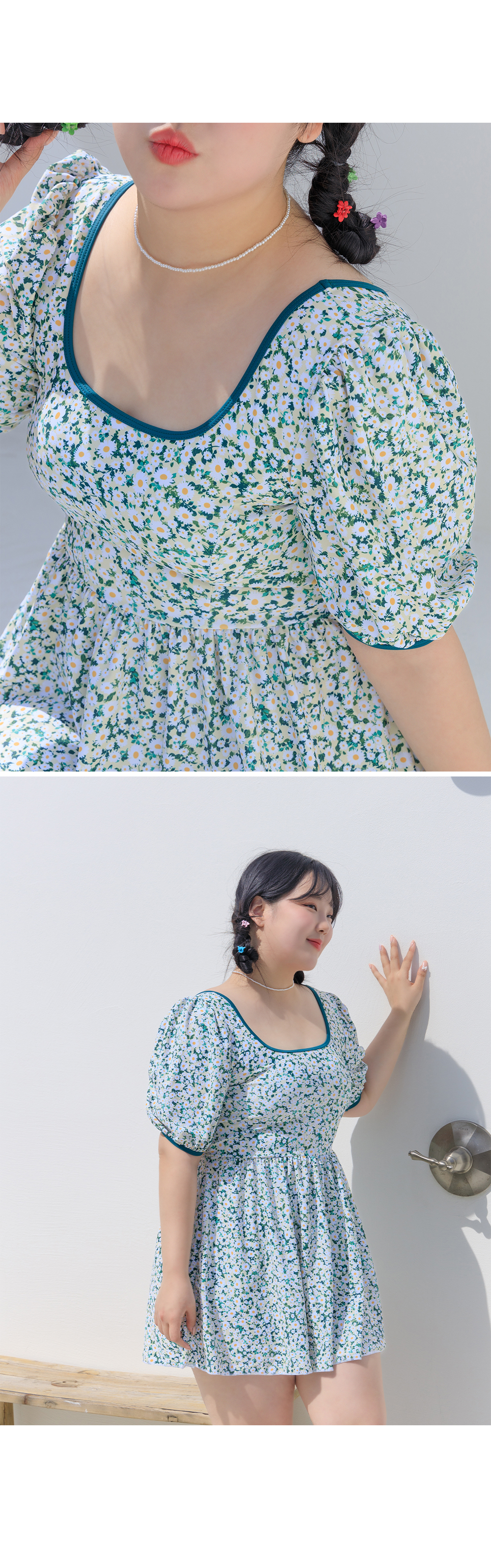 빅사이즈 XL-5XL 올데즈 플라워 스퀘어 퍼프 원피스 수영복 휴양지 룩 상세 이미지 16