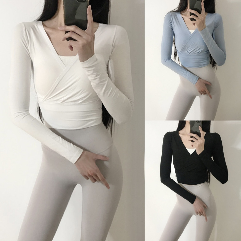 로라벨 플레인 긴팔 크롭 필라테스 복 요가 커버업 탑 옷 운동복 티 여성 헬스 복장 상의 - 상품 이미지