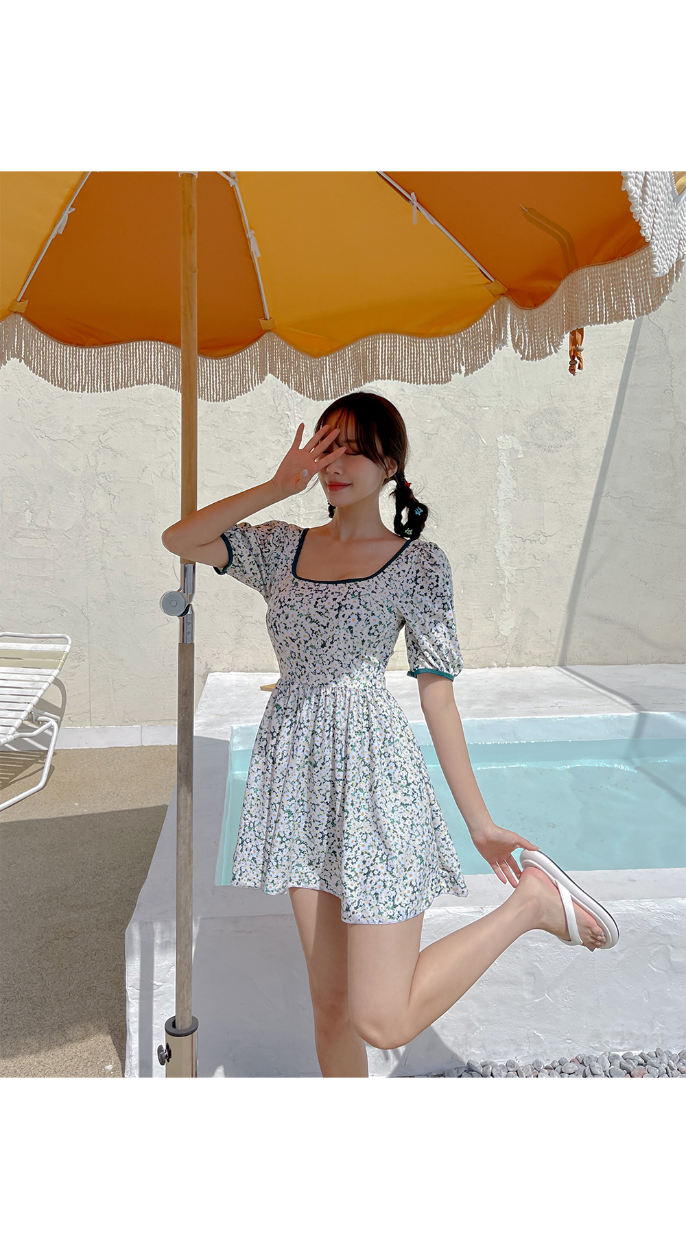 빅사이즈 XL-5XL 올데즈 플라워 스퀘어 퍼프 원피스 수영복 휴양지 룩 상세 이미지 1