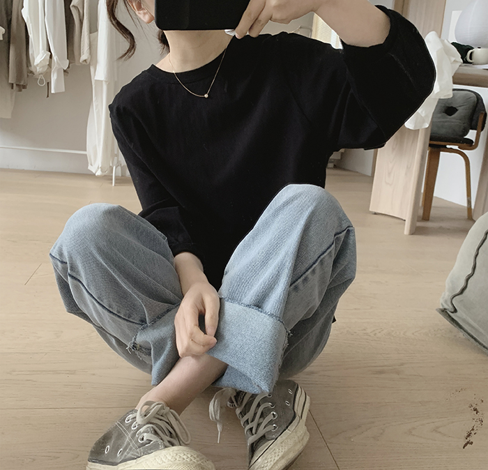 하마마스 봄 여름 7부소매티셔츠 퍼프소매티셔츠 루즈핏 오버핏 - 상세 이미지 5