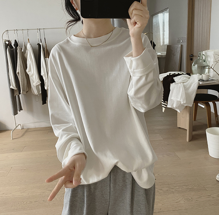 하마마스 봄긴팔티셔츠 무지 언발티셔츠 루즈핏 오버핏티셔츠 - 상세 이미지 2
