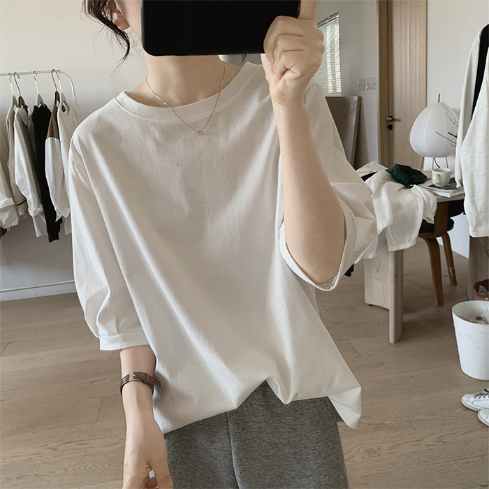 퍼프소매티셔츠 여름티셔츠 5부 순면 여성 - 상세 이미지 2