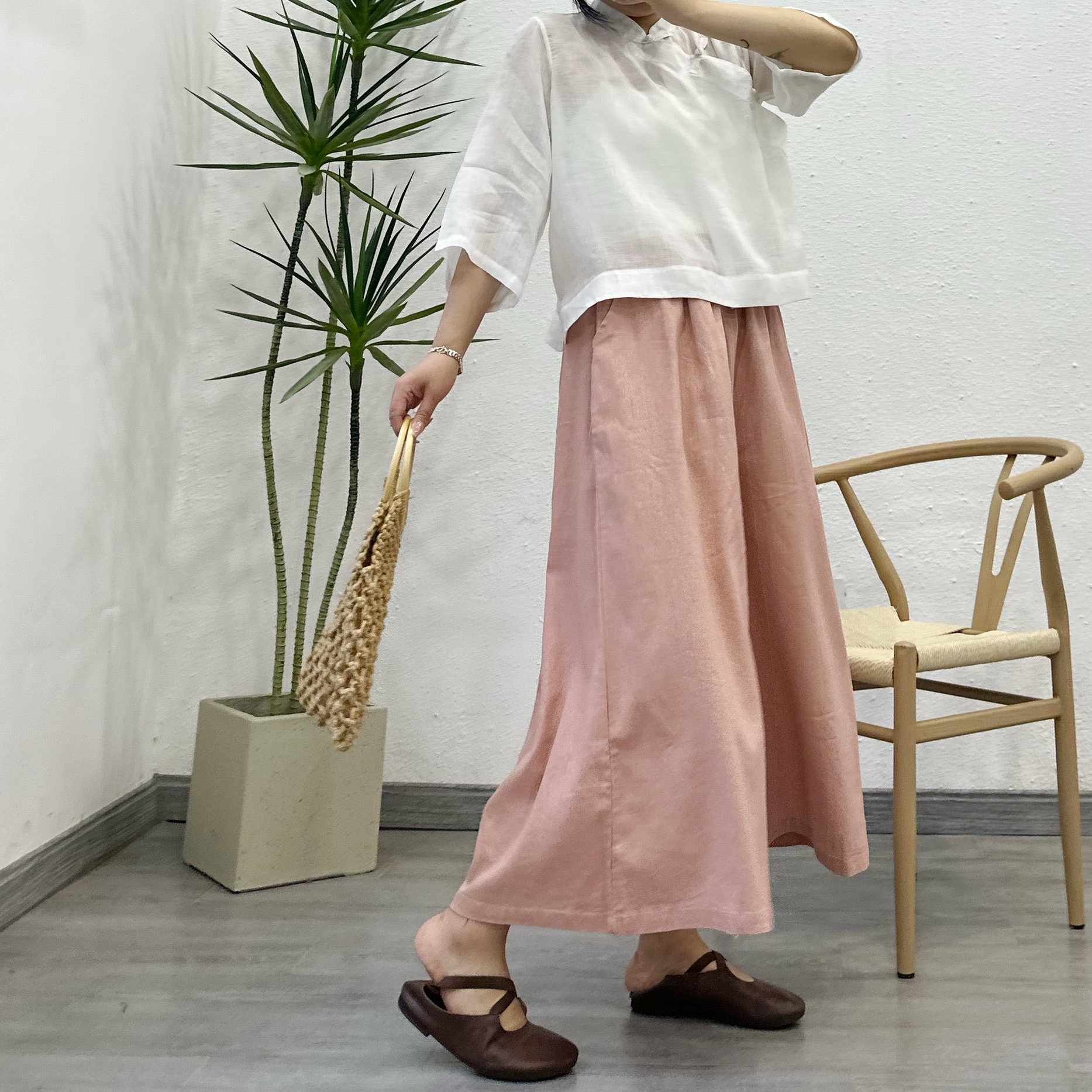 린넨와이드팬츠 밴딩 치마바지 - 상세 이미지 2