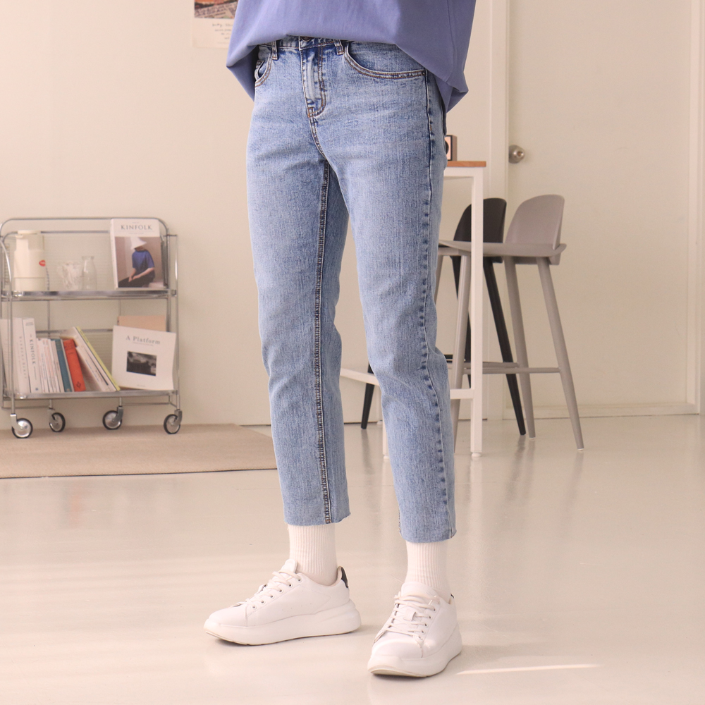 남자청바지 슬림핏 컷팅 데님진 남자9부청바지 이미지 2