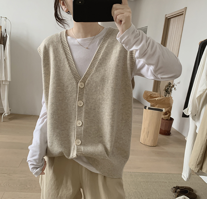 간절기 브이넥 여성니트조끼 루즈핏