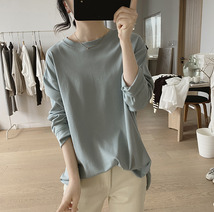 하마마스 봄긴팔티셔츠 무지 언발티셔츠 루즈핏 오버핏티셔츠 - 상세 이미지 4