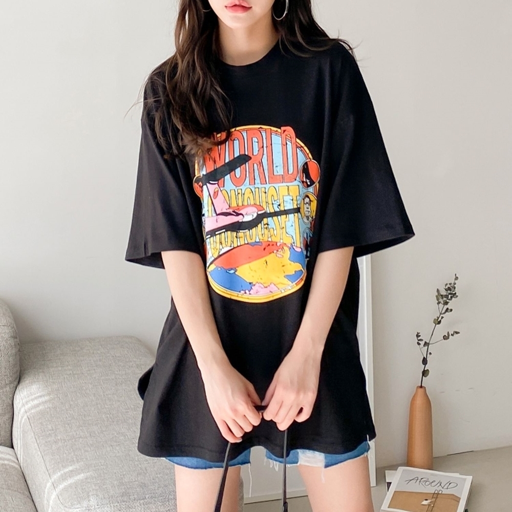 여름 롱티셔츠 여성 오버핏 박스 빈티지 프린팅 반팔 티셔츠 이미지 3