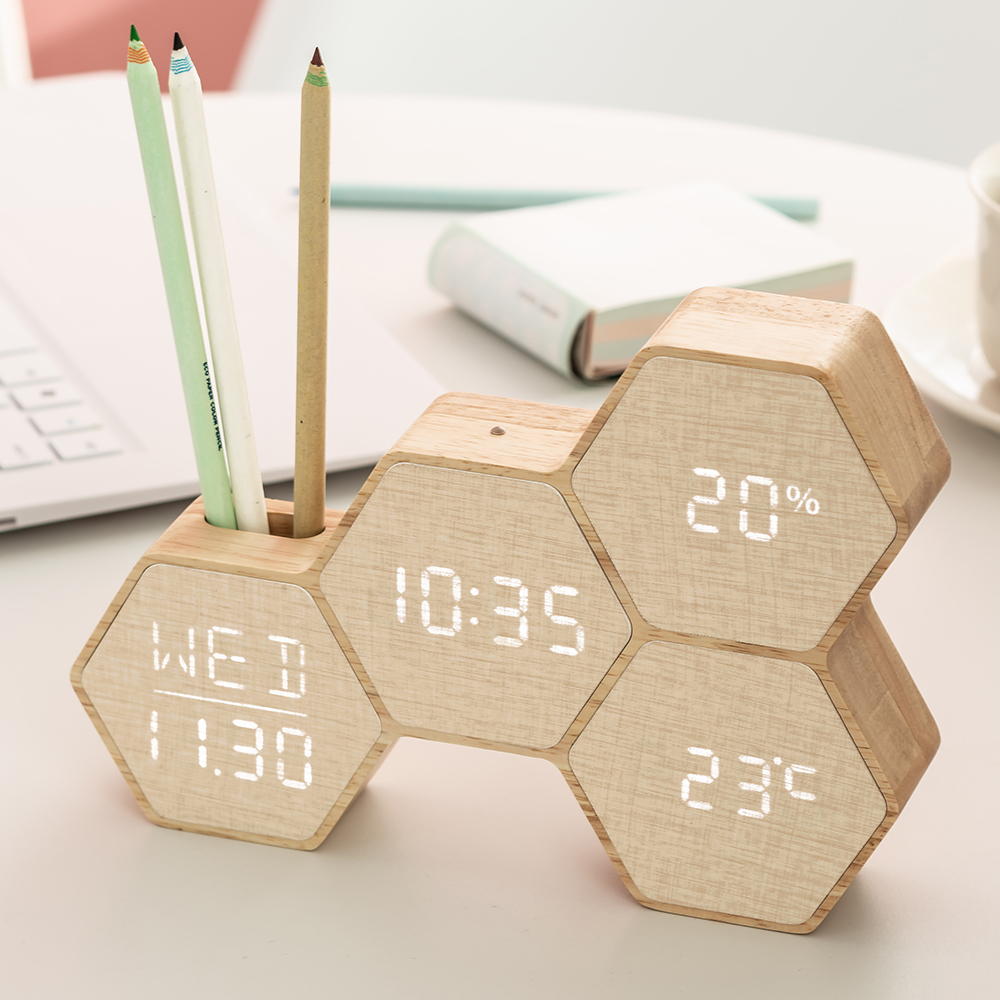 플라이토 허니콤 인테리어 LED 탁상시계 디지털 전자 무소음 테이블 예쁜 알람 책상 시계