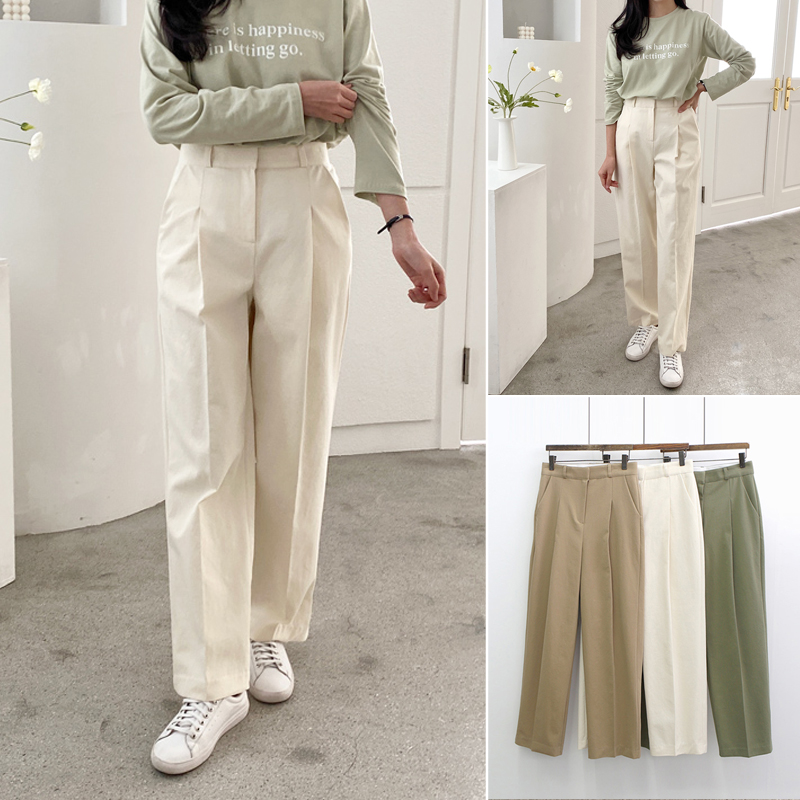 하이웨스트 코튼 세미 핀턱 와이드팬츠 여자 와이드슬랙스 가을 여성 면바지 일자팬츠 베이지 - 상품 이미지