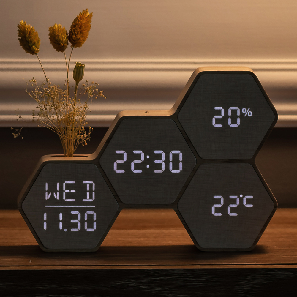 플라이토 허니콤 인테리어 LED 탁상시계 디지털 전자 무소음 테이블 예쁜 알람 책상 시계