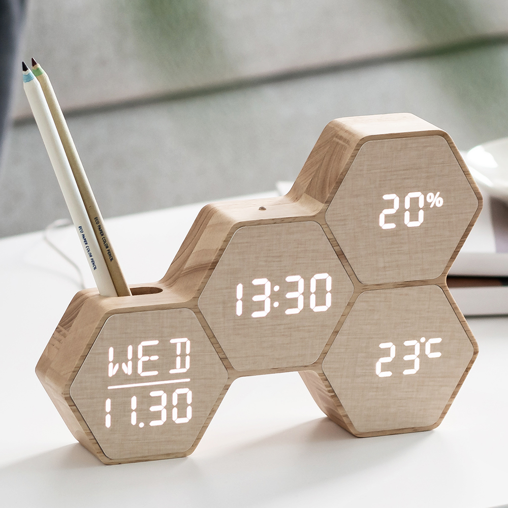 플라이토 허니콤 인테리어 LED 탁상시계 디지털 전자 무소음 테이블 예쁜 알람 책상 시계