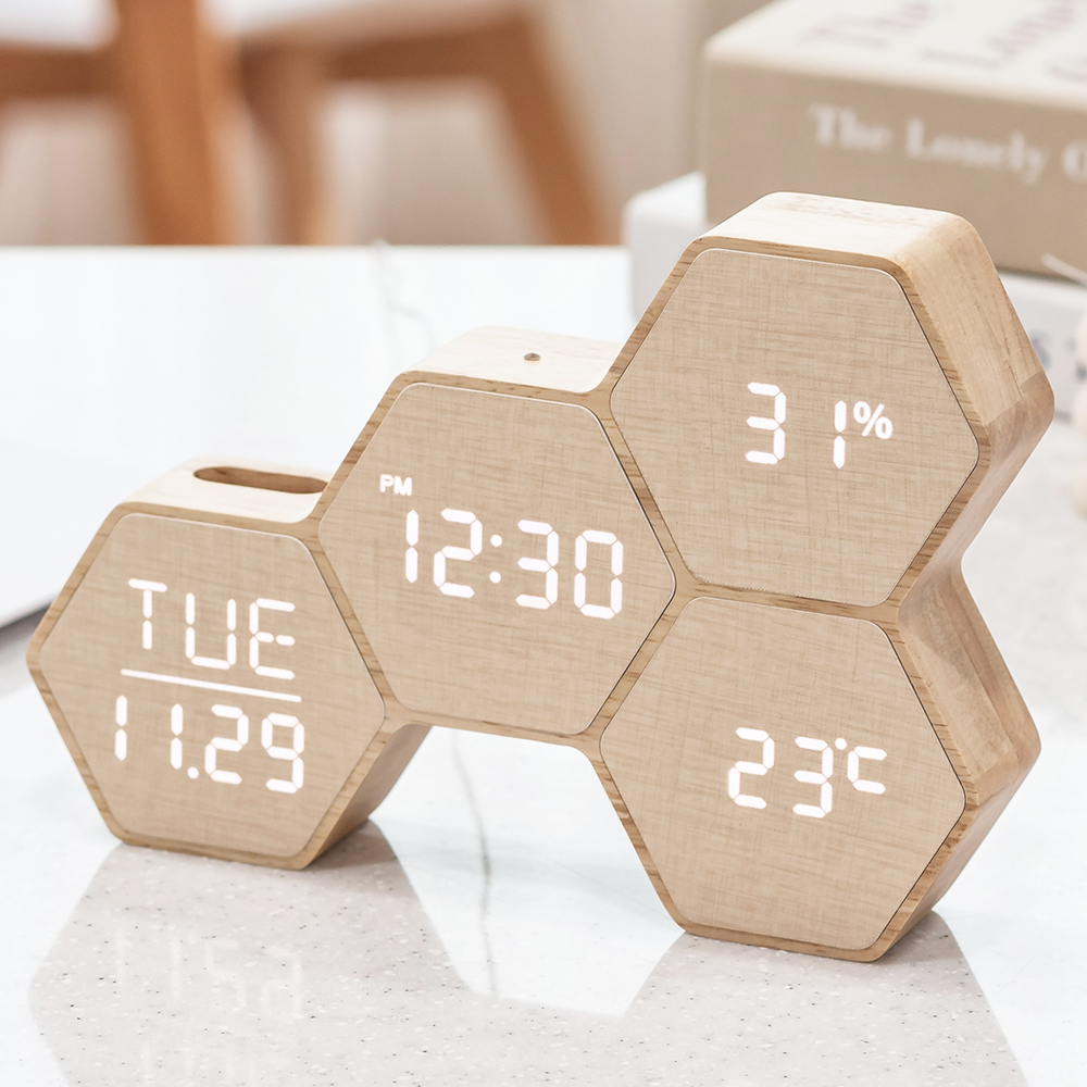 플라이토 허니콤 인테리어 LED 탁상시계 디지털 전자 무소음 테이블 예쁜 알람 책상 시계