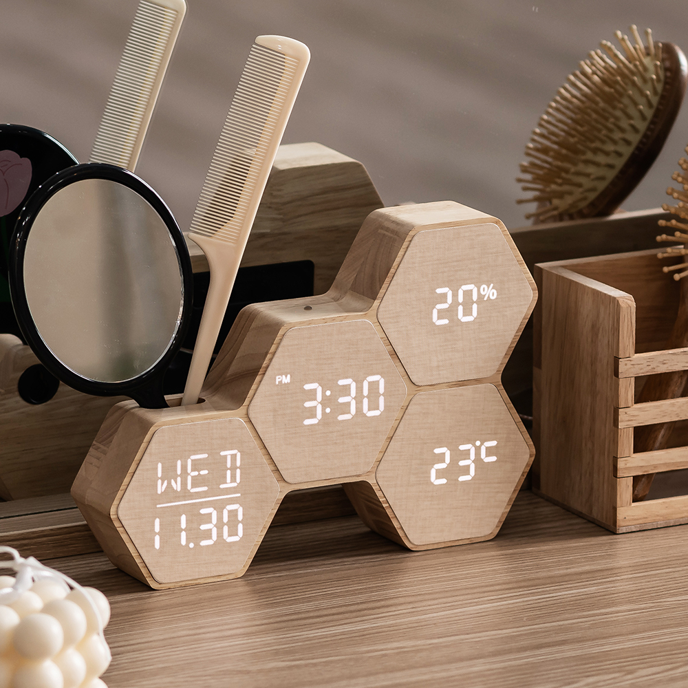 플라이토 허니콤 인테리어 LED 탁상시계 디지털 전자 무소음 테이블 예쁜 알람 책상 시계