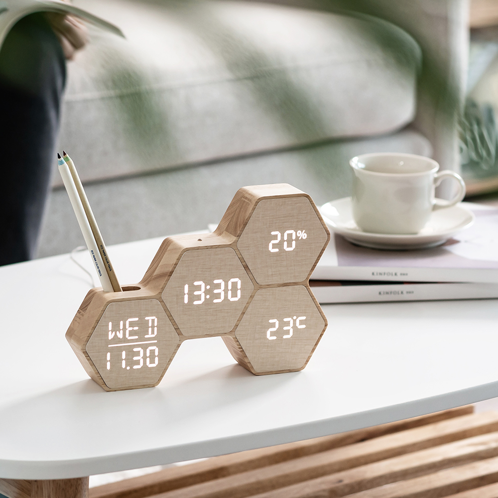플라이토 허니콤 인테리어 LED 탁상시계 디지털 전자 무소음 테이블 예쁜 알람 책상 시계