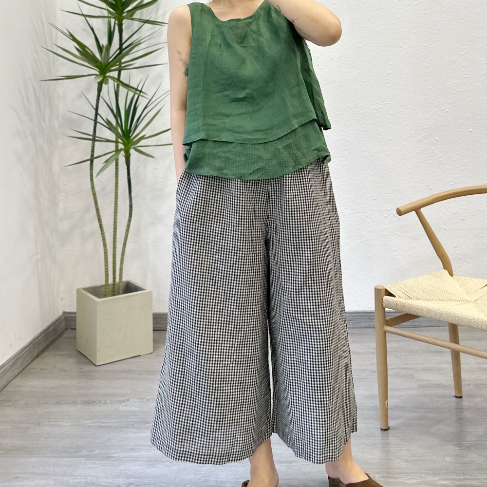 8부 린넨와이드팬츠 밴딩 체크바지 - 상세 이미지 3