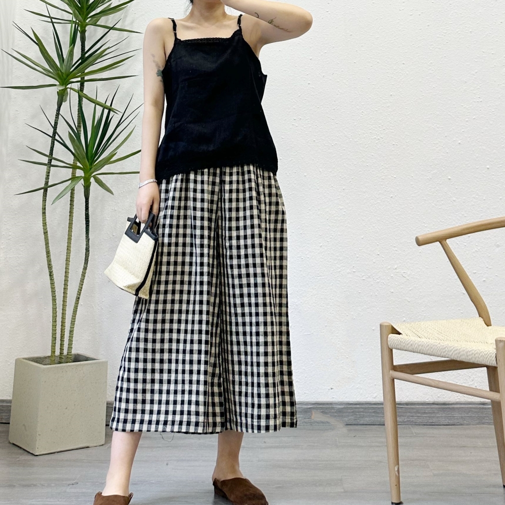 8부 린넨와이드팬츠 밴딩 체크바지 - 상세 이미지 4