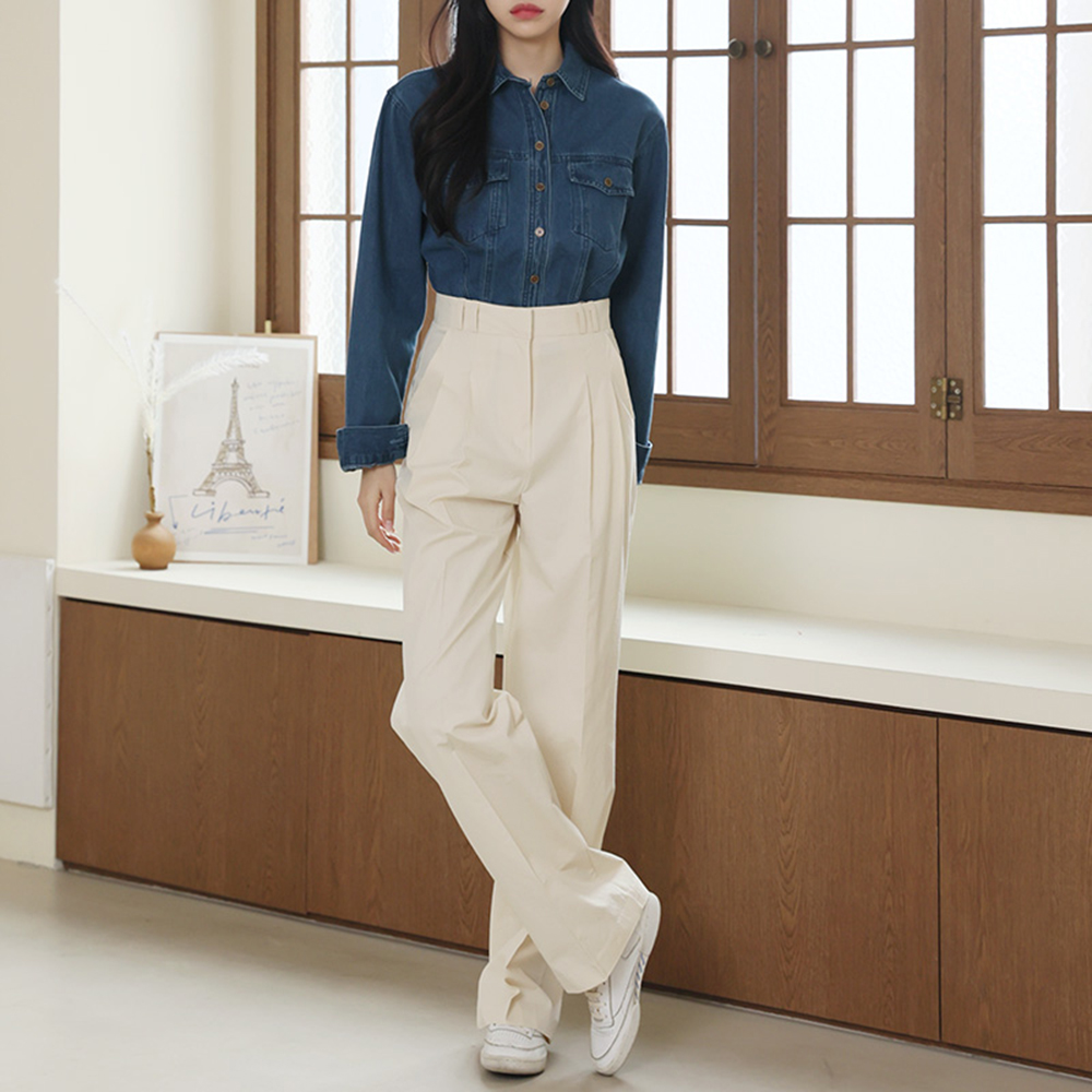 하이웨스트 치노 핀턱 세미 와이드팬츠 여자 슬랙스 여성 면바지 가을 통바지 아이보리 베이지 - 상세 이미지 2