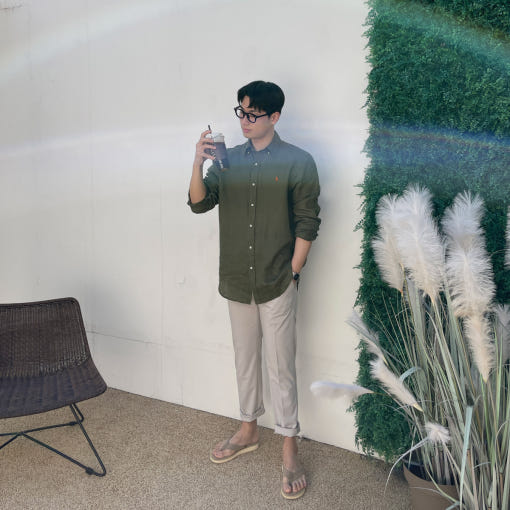 名作 ポロ ラルフローレン リネン シャツ カーキ M 肌触り最高 ポニー無し クラシック フィット リネン シャツ