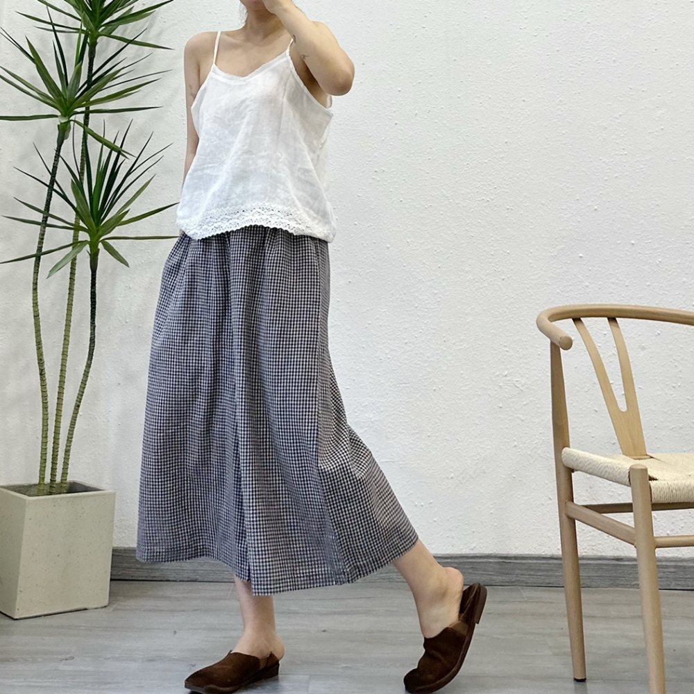 8부 린넨와이드팬츠 밴딩 체크바지 - 상세 이미지 2