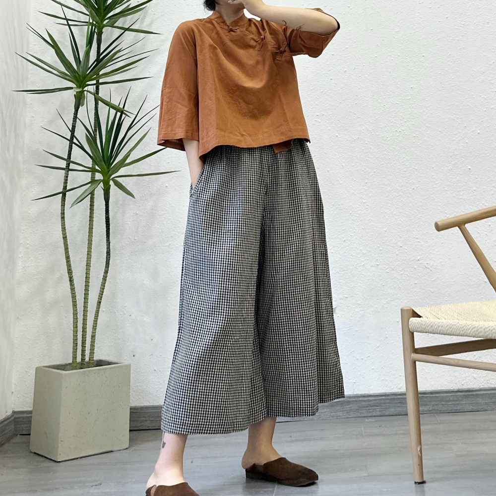 8부 린넨와이드팬츠 밴딩 체크바지 - 상품 이미지