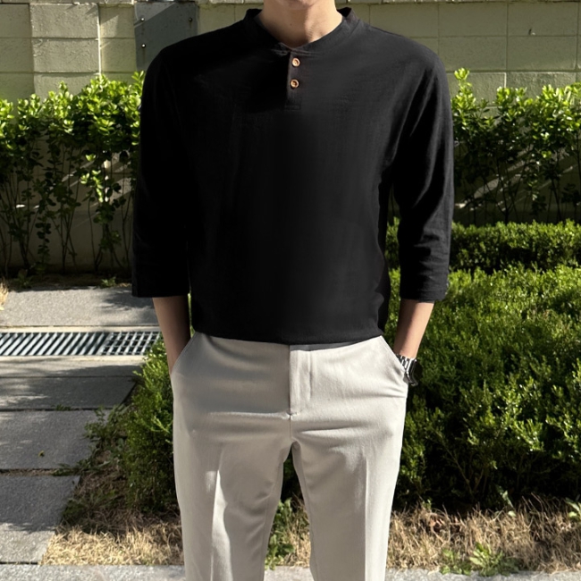 1+1 남자 하우피 봄 여름 가을 슬라브 헨리넥 7부 티셔츠 이미지 3
